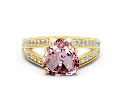 Yellow gold Heart Cut Morganite Split Shank Ring with Pavé Band and Four-Prong Setting