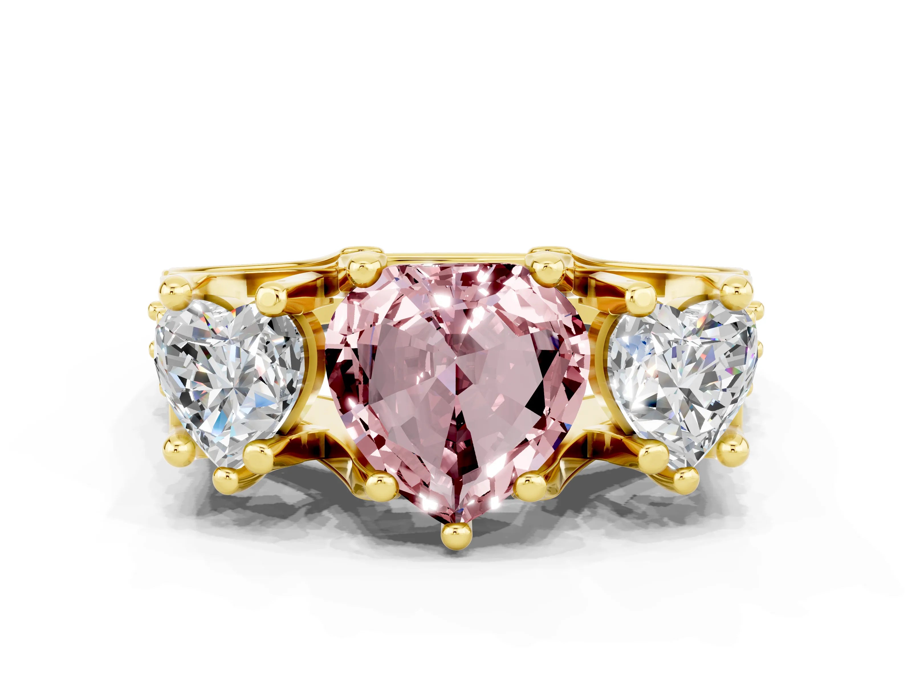 Yellow gold Heart Cut Morganite Three-Stone Ring with Channel Set Band and Four-Prong Setting
