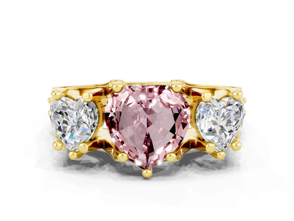 Yellow gold Heart Cut Morganite Three-Stone Ring with Channel Set Band and Four-Prong Setting