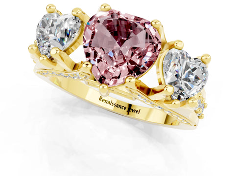 Yellow gold Heart Cut Morganite Three-Stone Ring with Channel Set Band and Four-Prong Setting_1