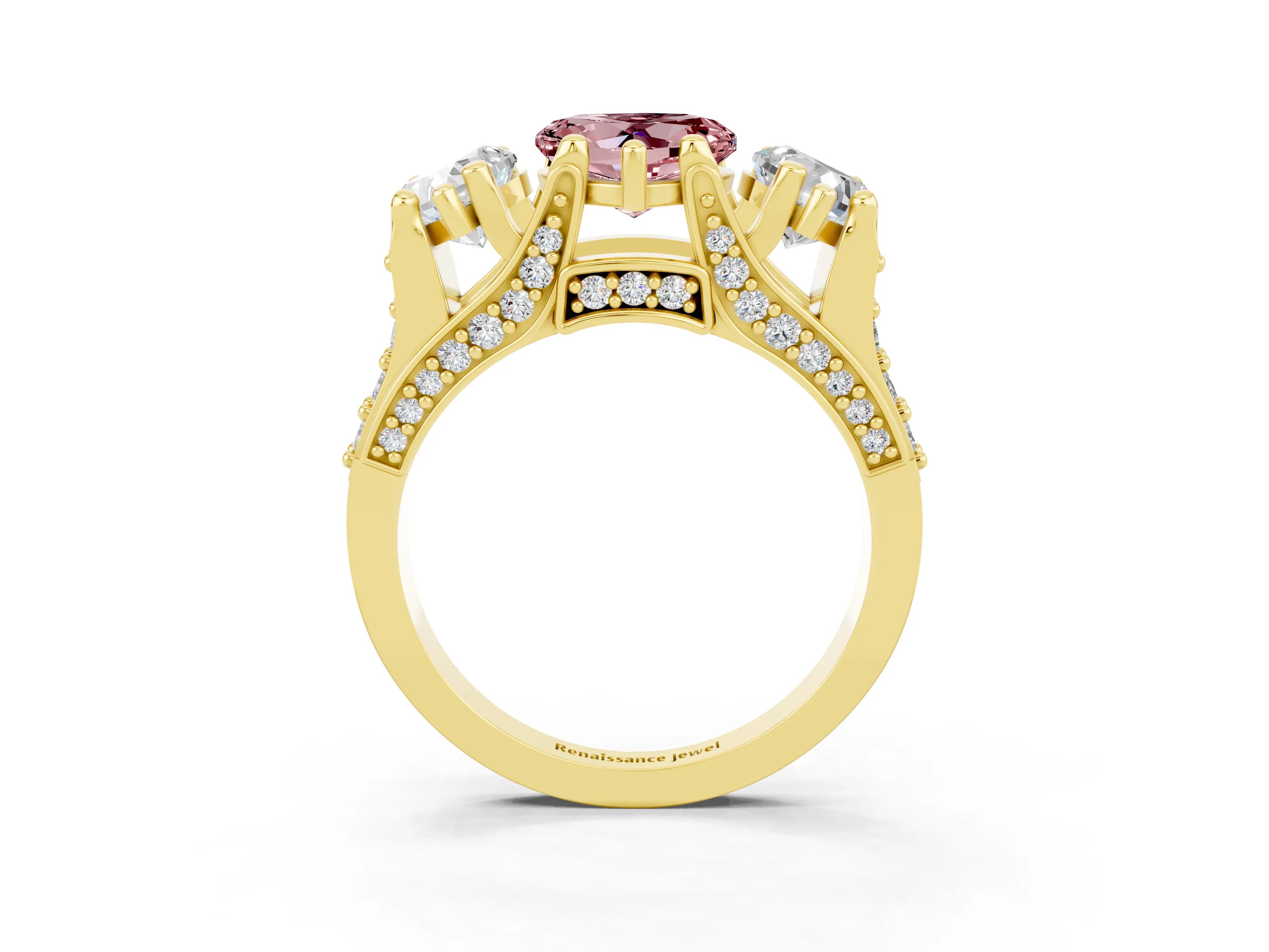 Yellow gold Heart Cut Morganite Three-Stone Ring with Channel Set Band and Four-Prong Setting_3