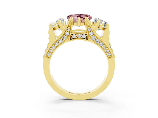 Yellow gold Heart Cut Morganite Three-Stone Ring with Channel Set Band and Four-Prong Setting