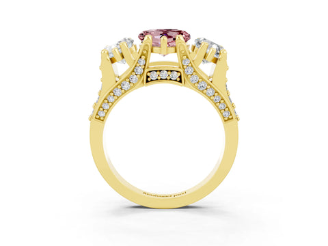 Yellow gold Heart Cut Morganite Three-Stone Ring with Channel Set Band and Four-Prong Setting_3