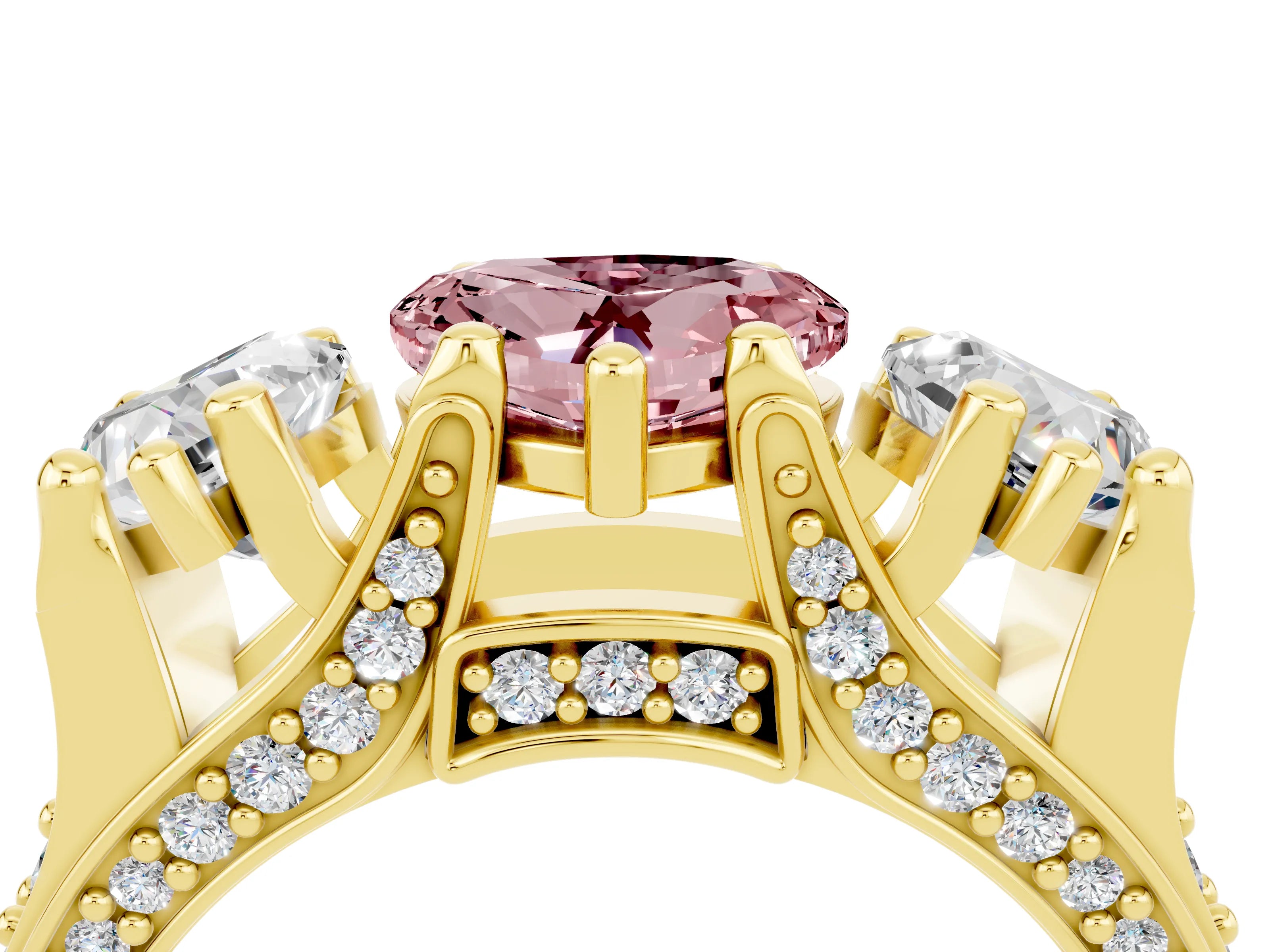 Yellow gold Heart Cut Morganite Three-Stone Ring with Channel Set Band and Four-Prong Setting_4
