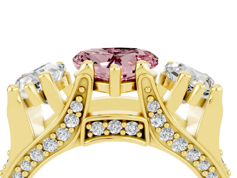 Yellow gold Heart Cut Morganite Three-Stone Ring with Channel Set Band and Four-Prong Setting_4