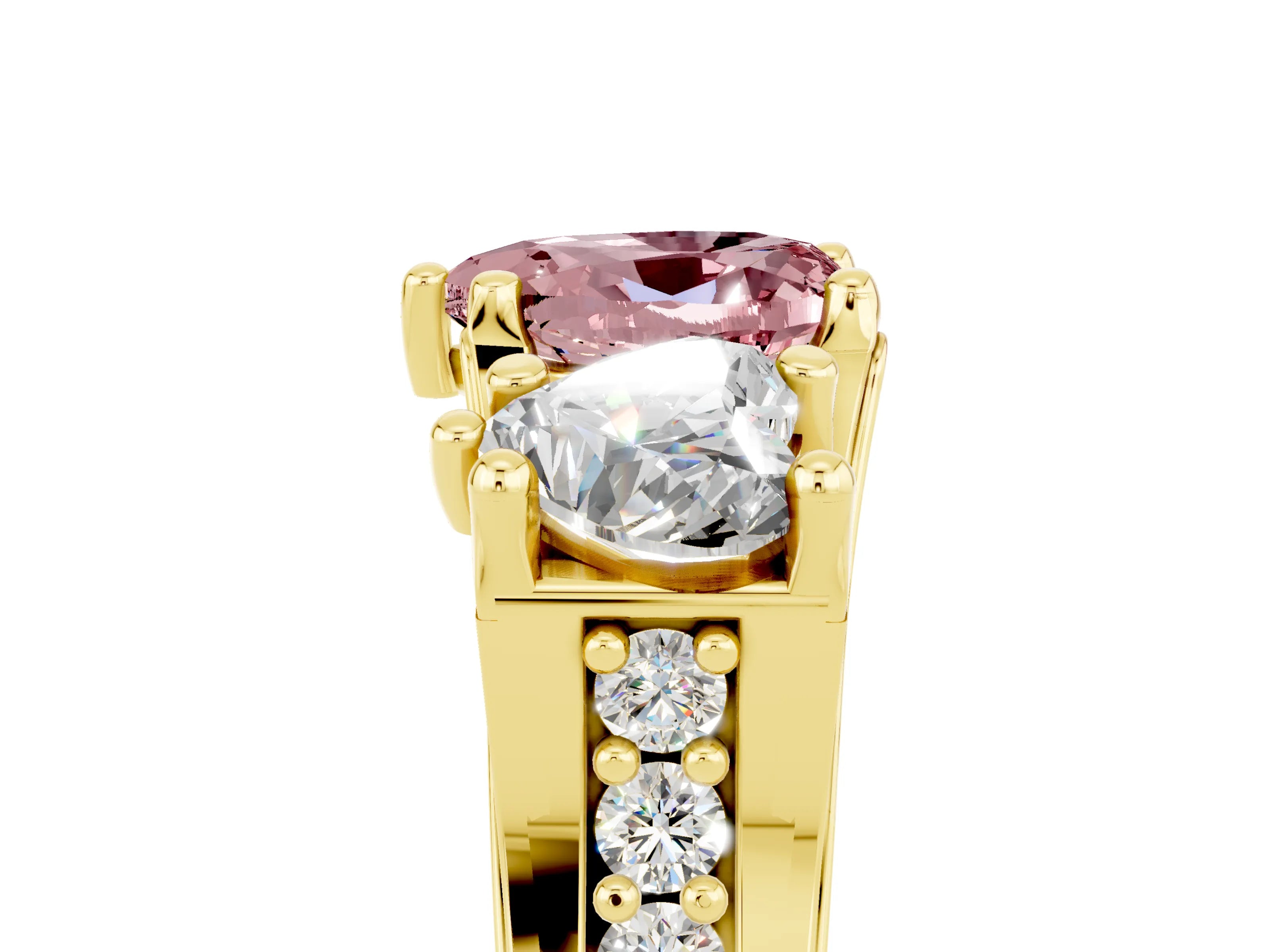 Yellow gold Heart Cut Morganite Three-Stone Ring with Channel Set Band and Four-Prong Setting_5