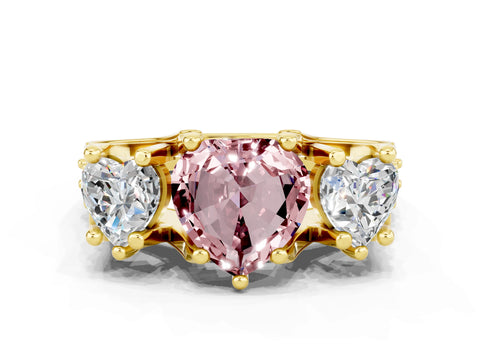 Yellow gold Heart Cut Morganite Three-Stone Ring with Channel Set Band and Four-Prong Setting
