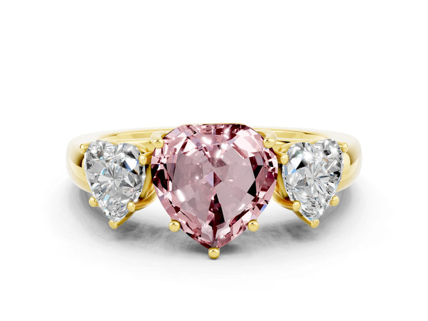 Yellow gold Heart Cut Morganite Three-Stone Ring with Four-Prong Setting and Classic Band