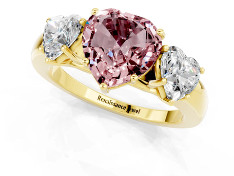 Yellow gold Heart Cut Morganite Three-Stone Ring with Four-Prong Setting and Classic Band_1
