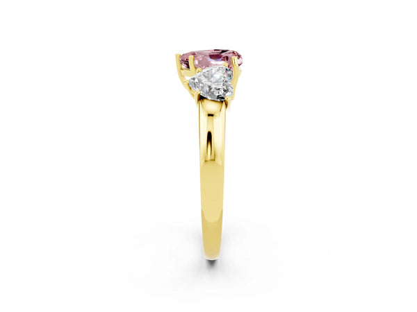 Yellow gold Heart Cut Morganite Three-Stone Ring with Four-Prong Setting and Classic Band