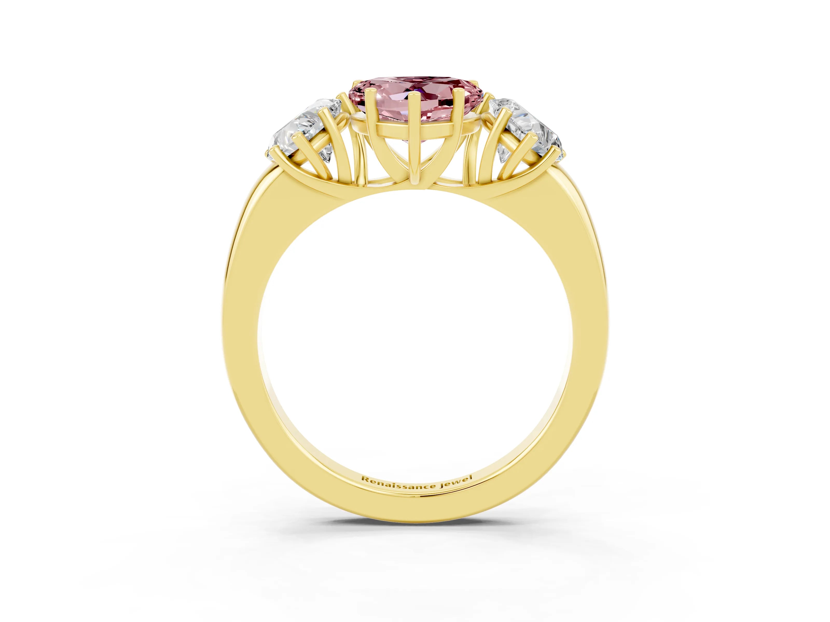 Yellow gold Heart Cut Morganite Three-Stone Ring with Four-Prong Setting and Classic Band_3