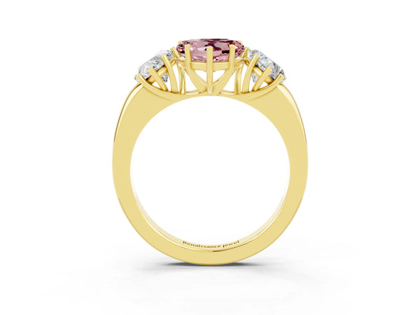 Yellow gold Heart Cut Morganite Three-Stone Ring with Four-Prong Setting and Classic Band