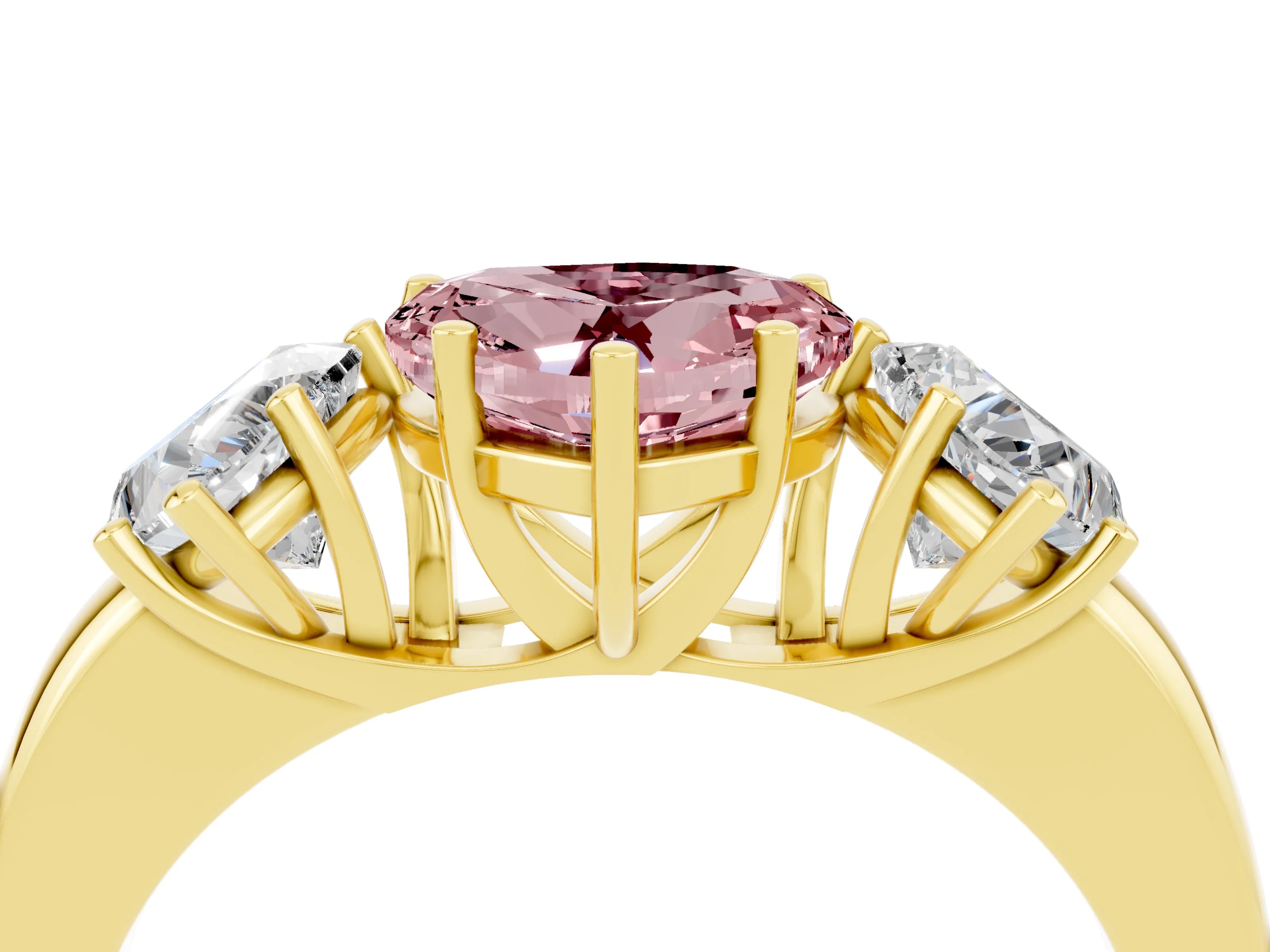 Yellow gold Heart Cut Morganite Three-Stone Ring with Four-Prong Setting and Classic Band_4