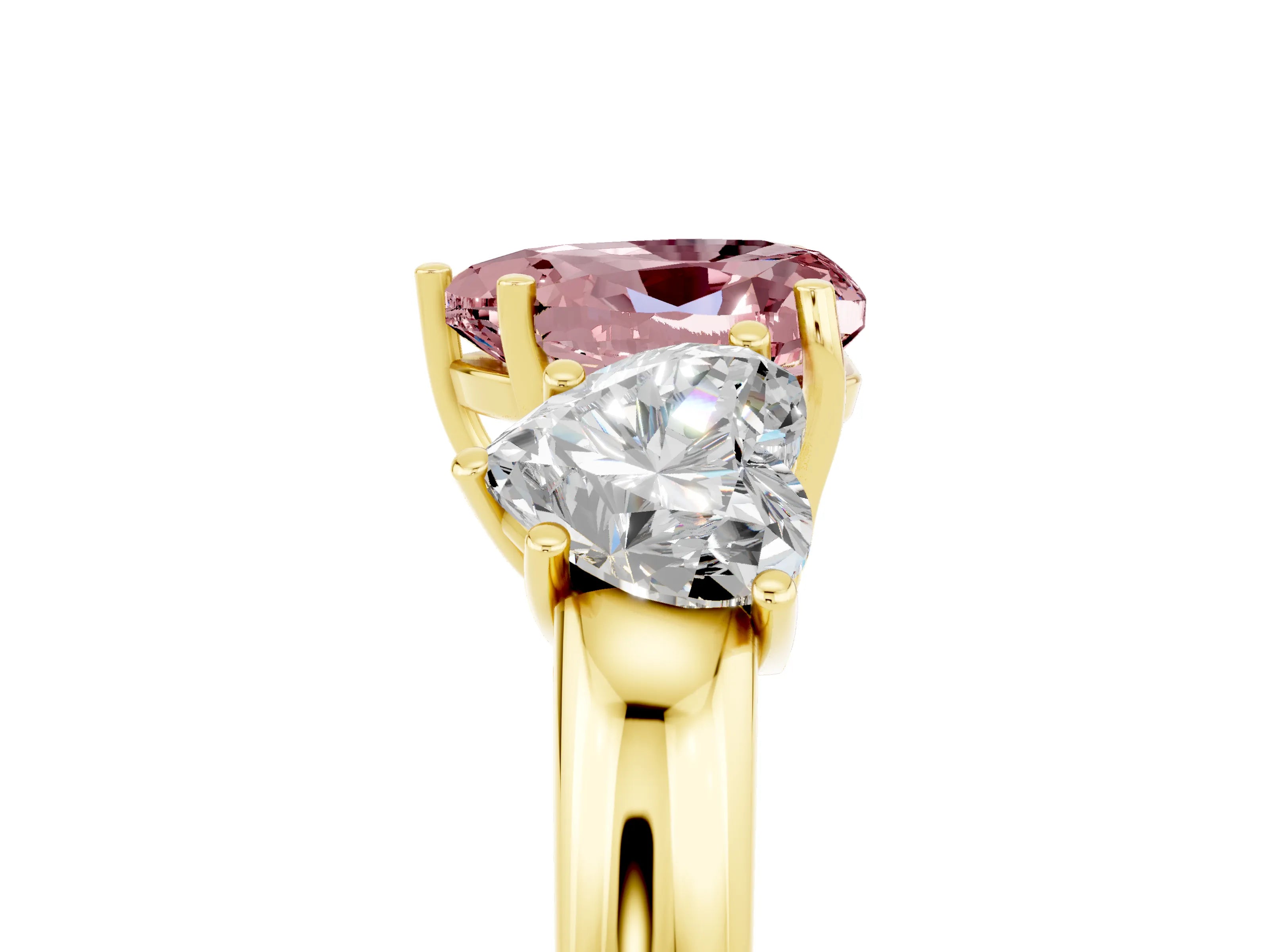 Yellow gold Heart Cut Morganite Three-Stone Ring with Four-Prong Setting and Classic Band_5