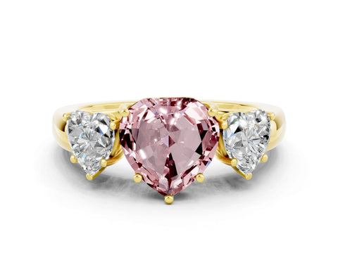 Yellow gold Heart Cut Morganite Three-Stone Ring with Four-Prong Setting and Classic Band