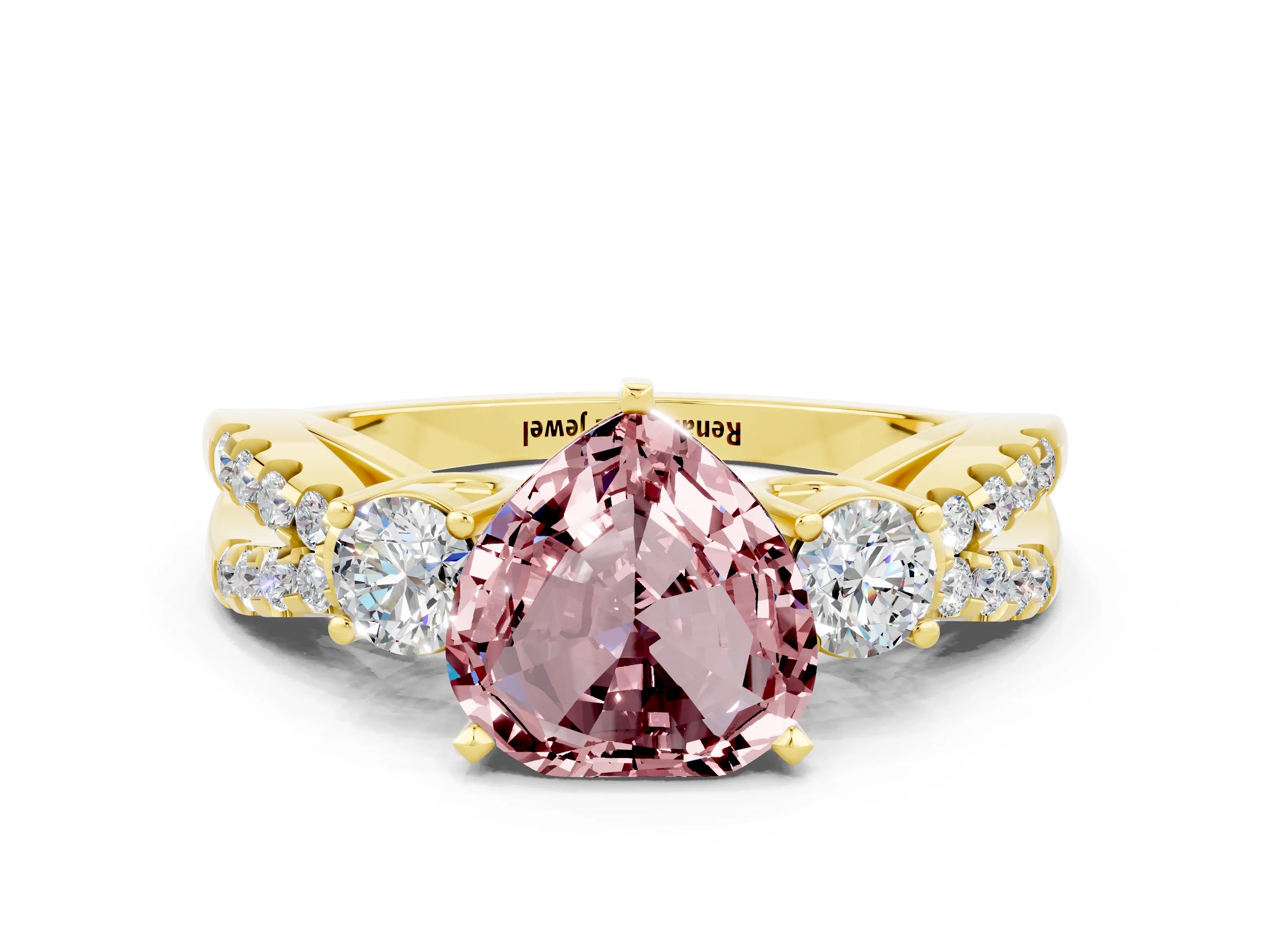 Yellow gold Heart Cut Morganite Three-Stone Ring with Pavé Split Shank and Four-Prong Setting