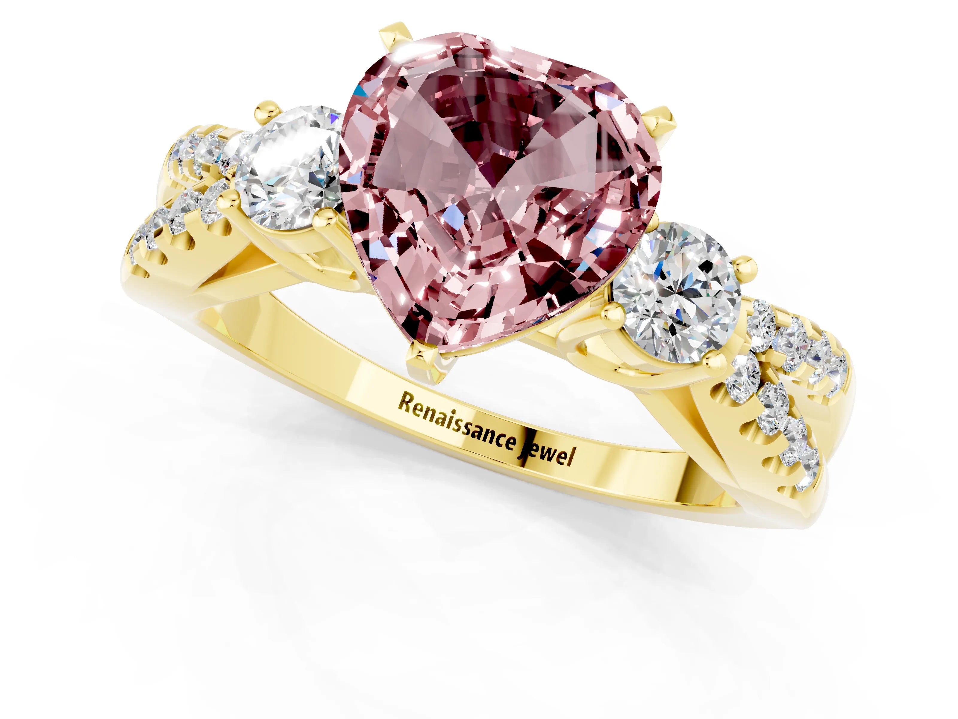 Yellow gold Heart Cut Morganite Three-Stone Ring with Pavé Split Shank and Four-Prong Setting_1