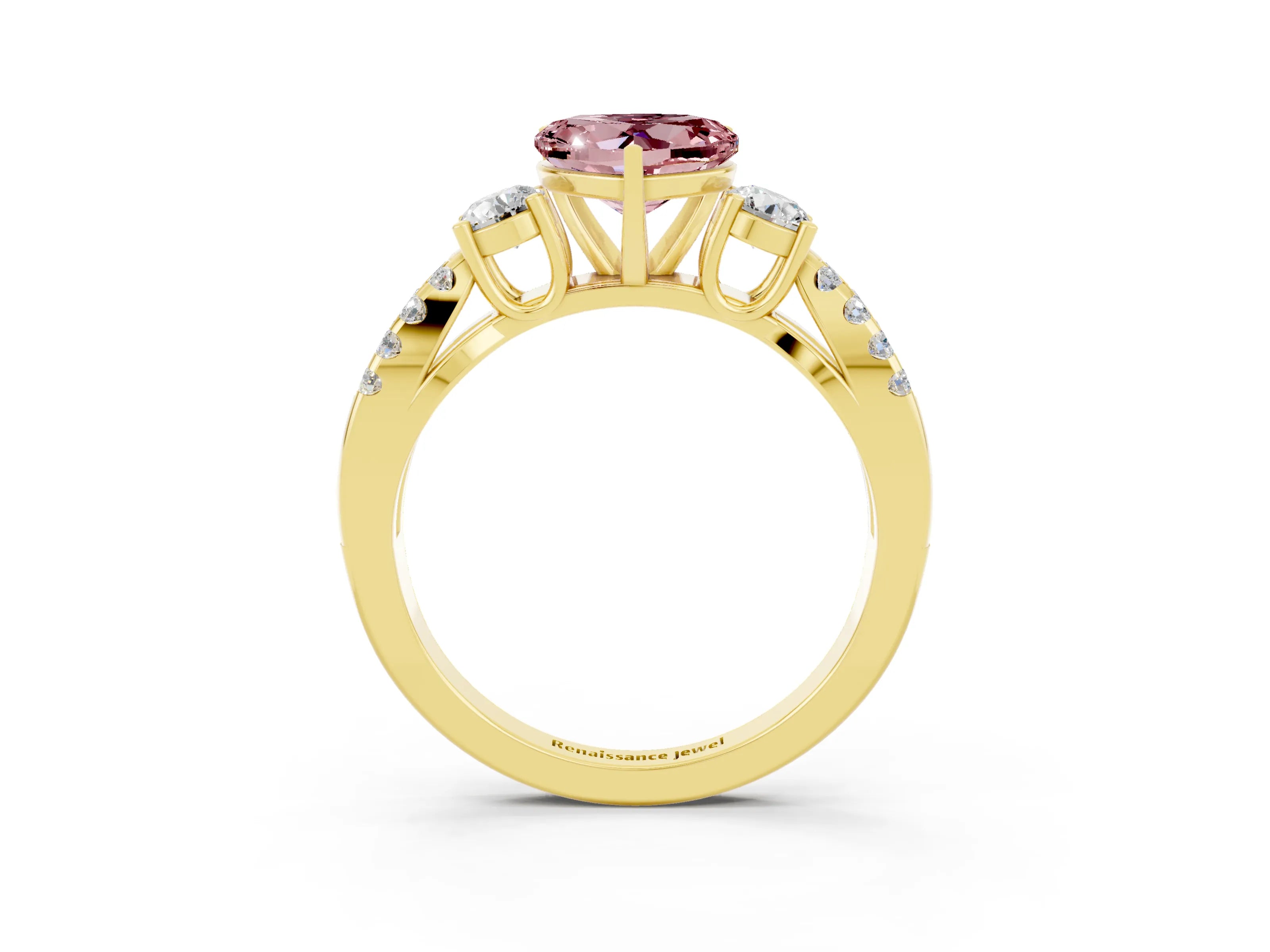 Yellow gold Heart Cut Morganite Three-Stone Ring with Pavé Split Shank and Four-Prong Setting_3