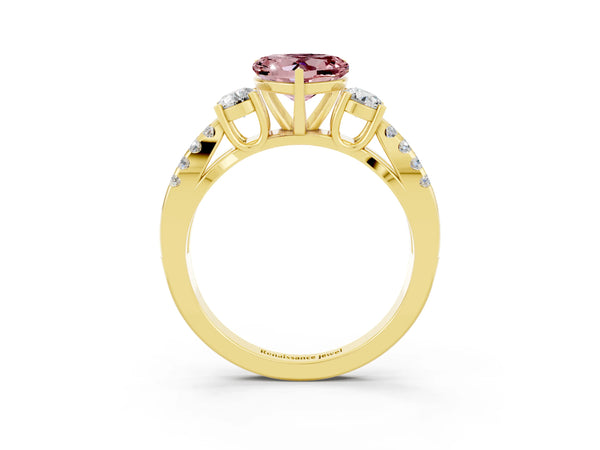 Yellow gold Heart Cut Morganite Three-Stone Ring with Pavé Split Shank and Four-Prong Setting