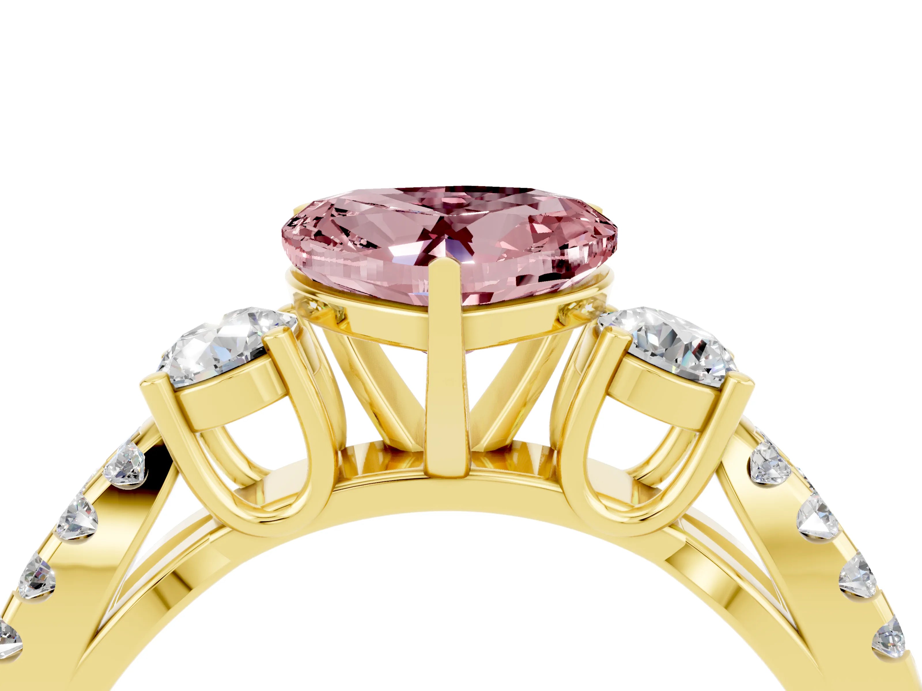Yellow gold Heart Cut Morganite Three-Stone Ring with Pavé Split Shank and Four-Prong Setting_4