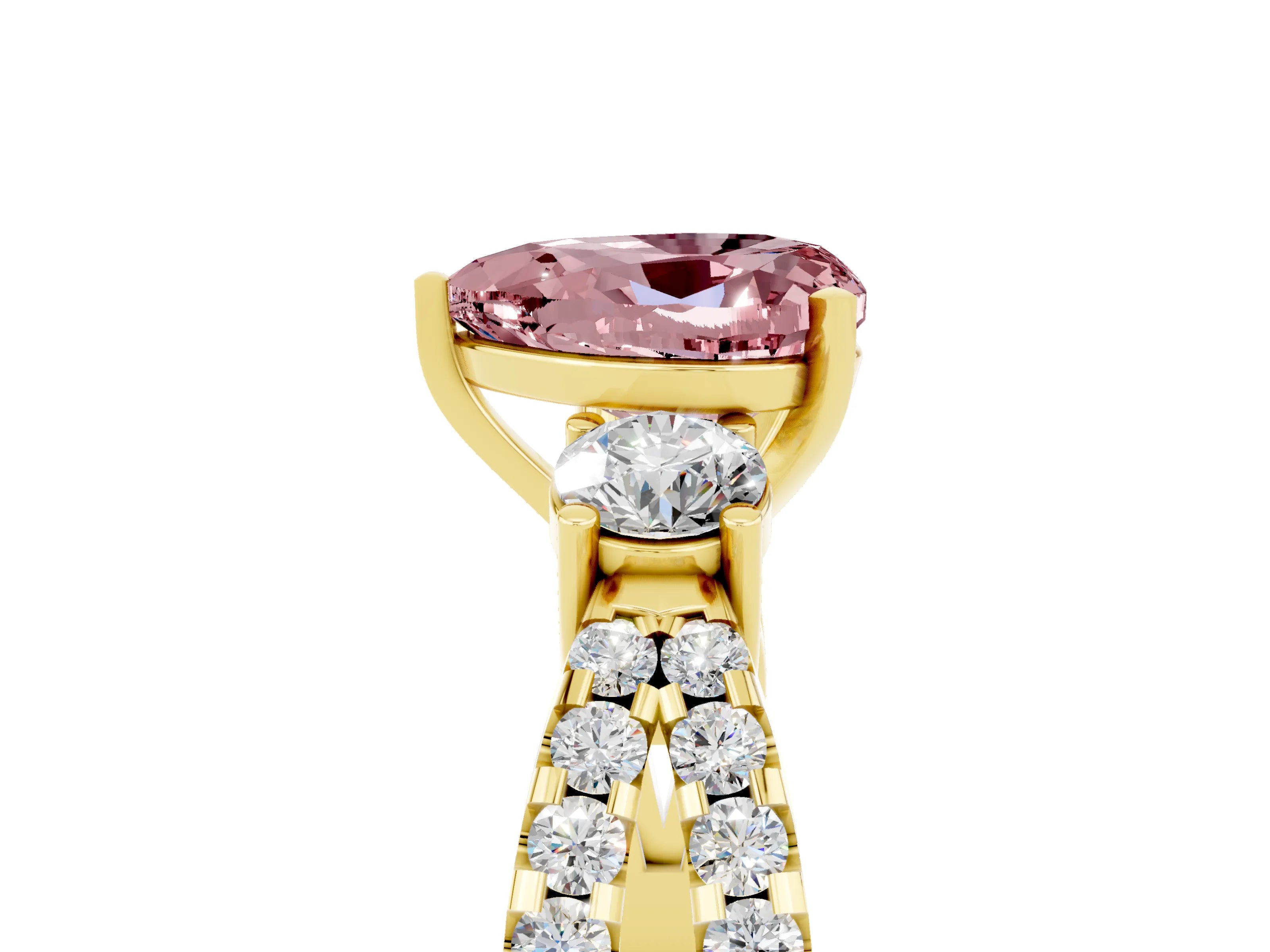 Yellow gold Heart Cut Morganite Three-Stone Ring with Pavé Split Shank and Four-Prong Setting_5