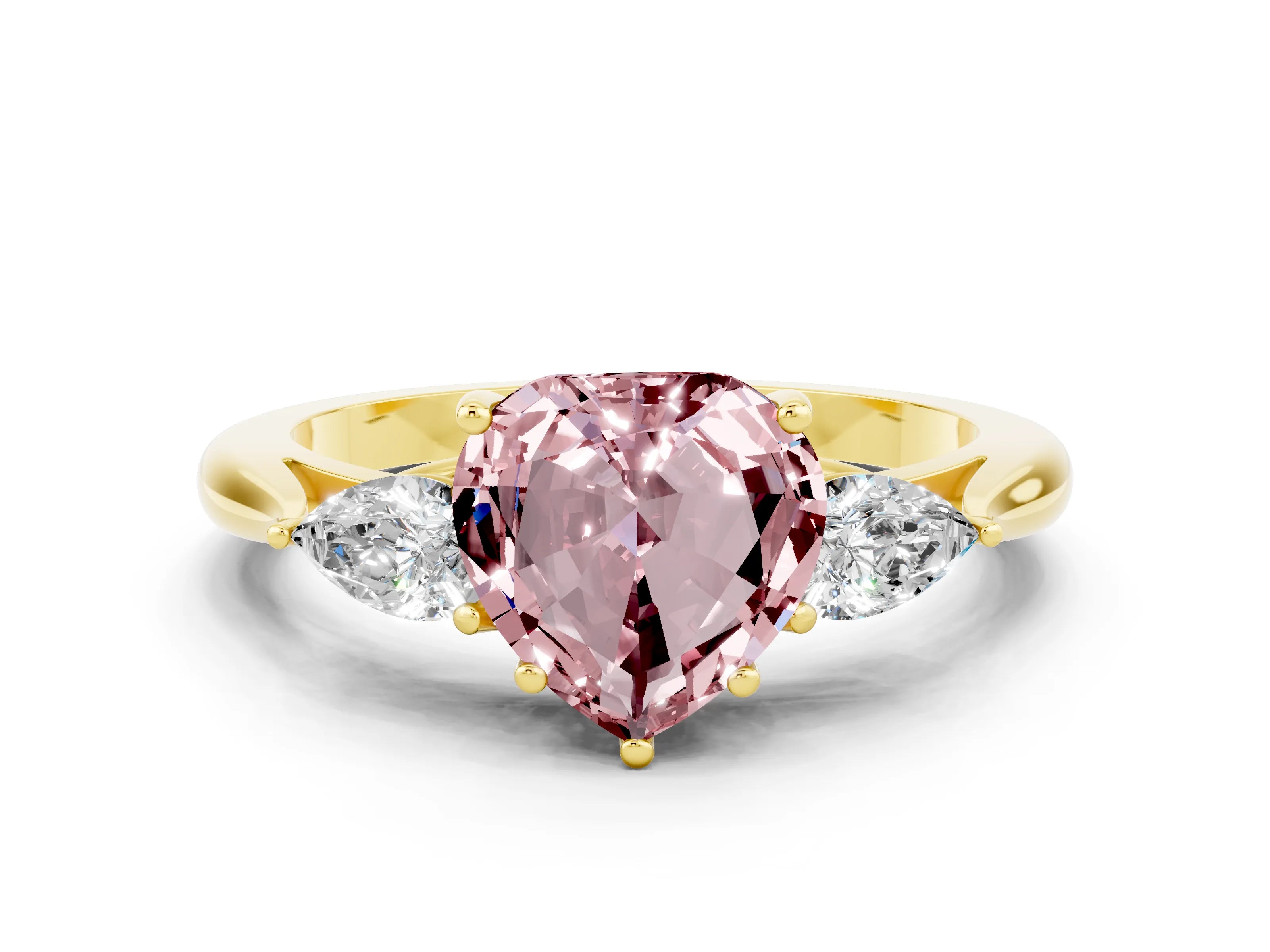 Yellow gold Heart Cut Morganite Three-Stone Ring with Pear Side Stones and Four-Prong Setting_12