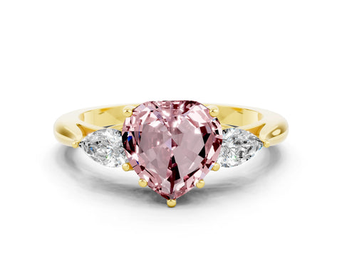 Yellow gold Heart Cut Morganite Three-Stone Ring with Pear Side Stones and Four-Prong Setting_12