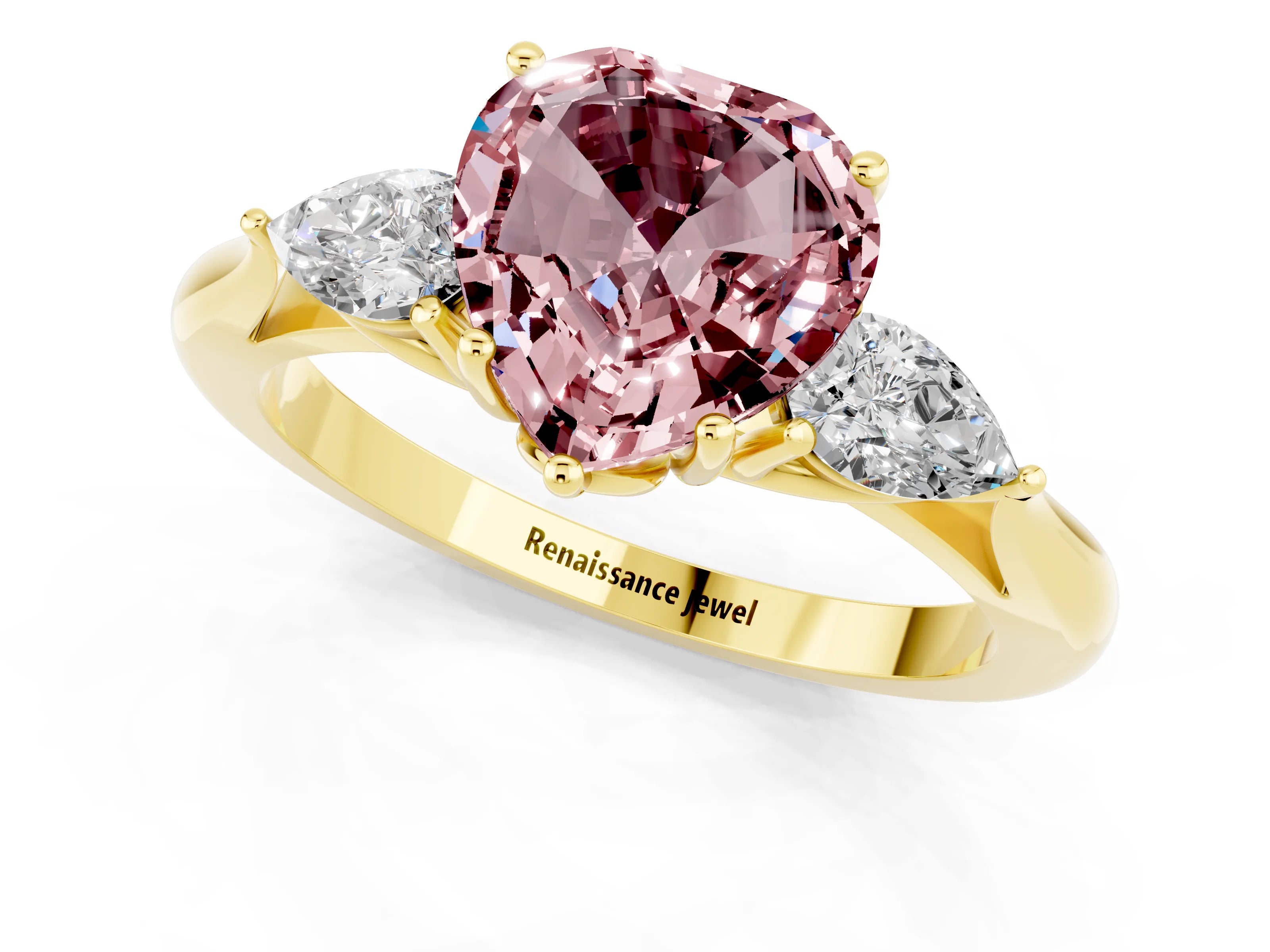 Yellow gold Heart Cut Morganite Three-Stone Ring with Pear Side Stones and Four-Prong Setting_13