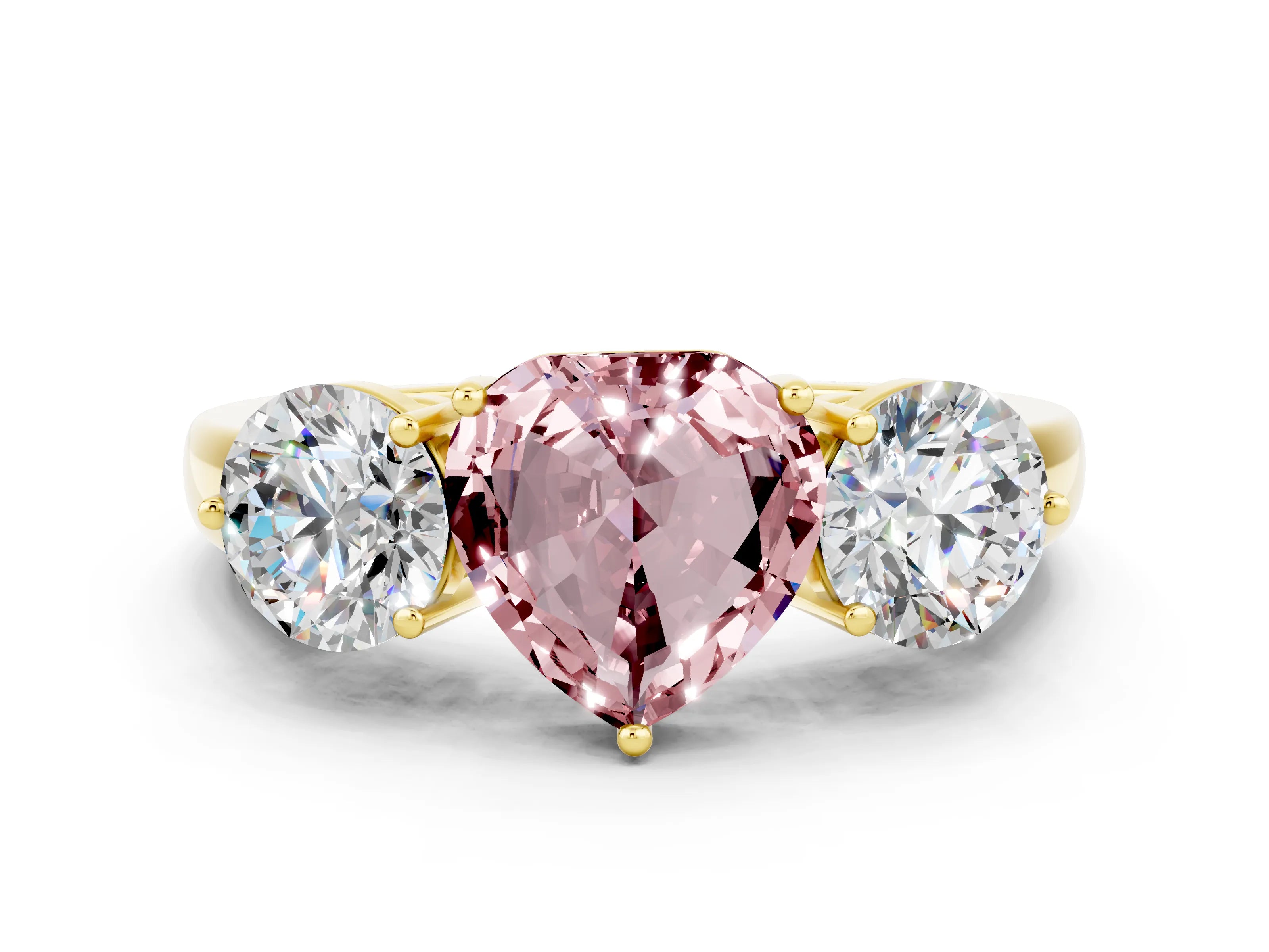 Yellow gold Heart Cut Morganite Three-Stone Ring with Prong Setting and Classic Band