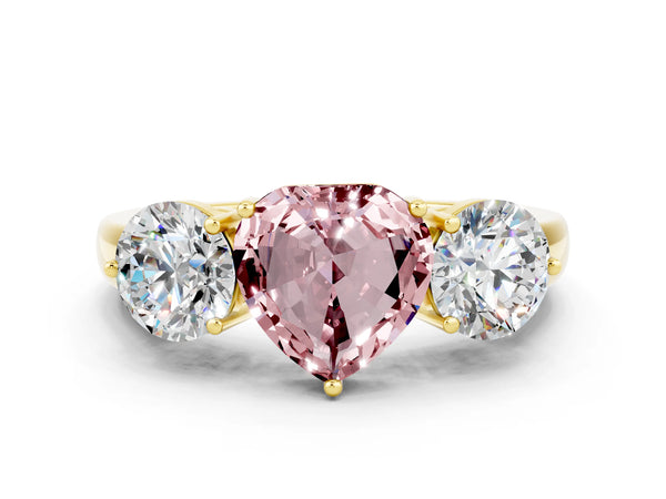 Yellow gold Heart Cut Morganite Three-Stone Ring with Prong Setting and Classic Band