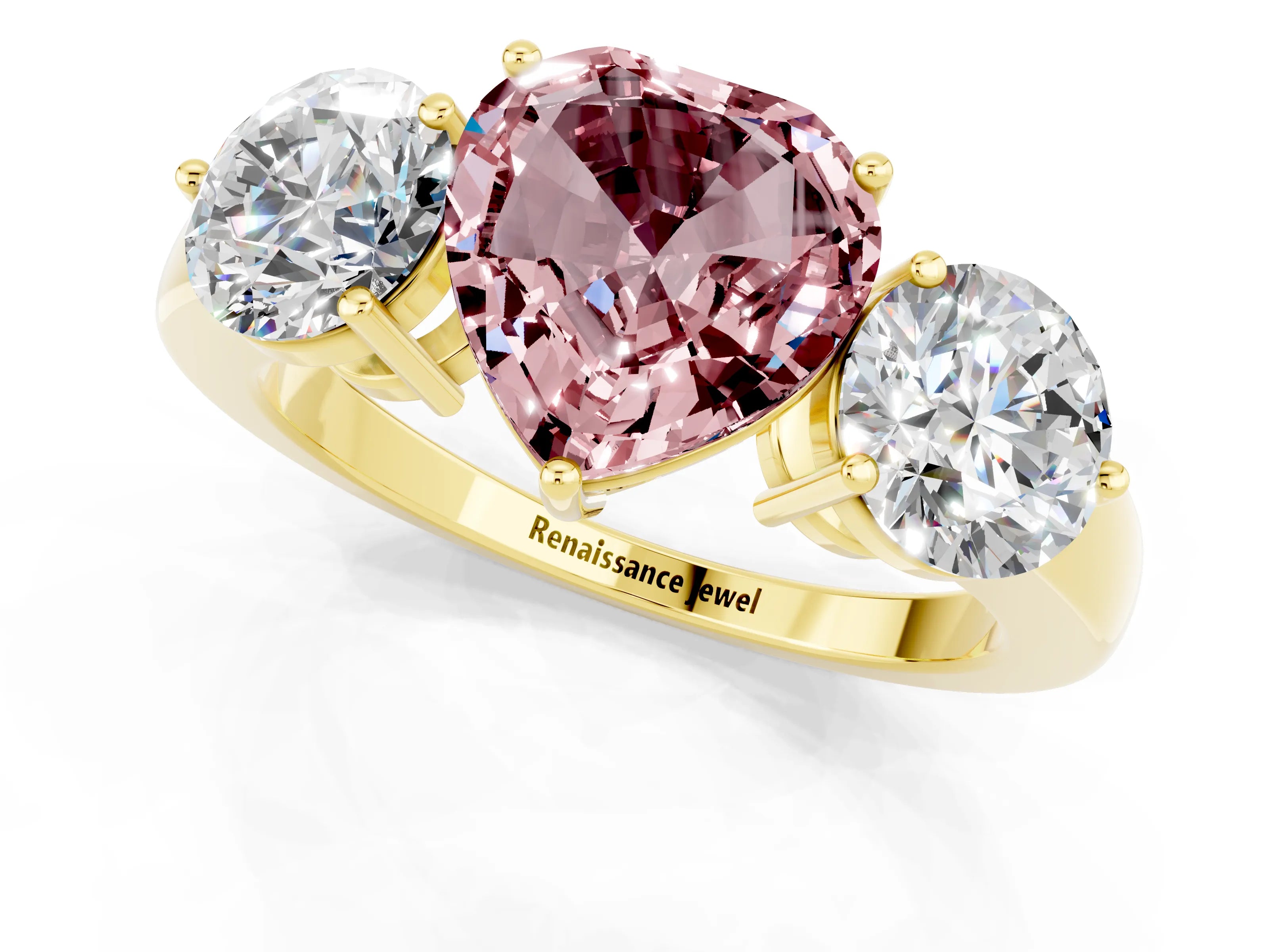 Yellow gold Heart Cut Morganite Three-Stone Ring with Prong Setting and Classic Band_1