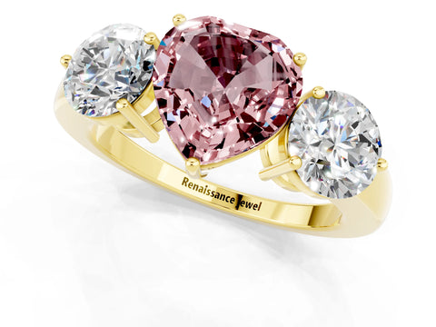 Yellow gold Heart Cut Morganite Three-Stone Ring with Prong Setting and Classic Band_1