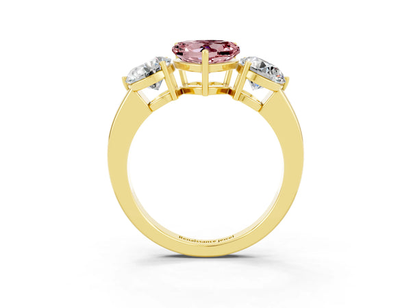 Yellow gold Heart Cut Morganite Three-Stone Ring with Prong Setting and Classic Band