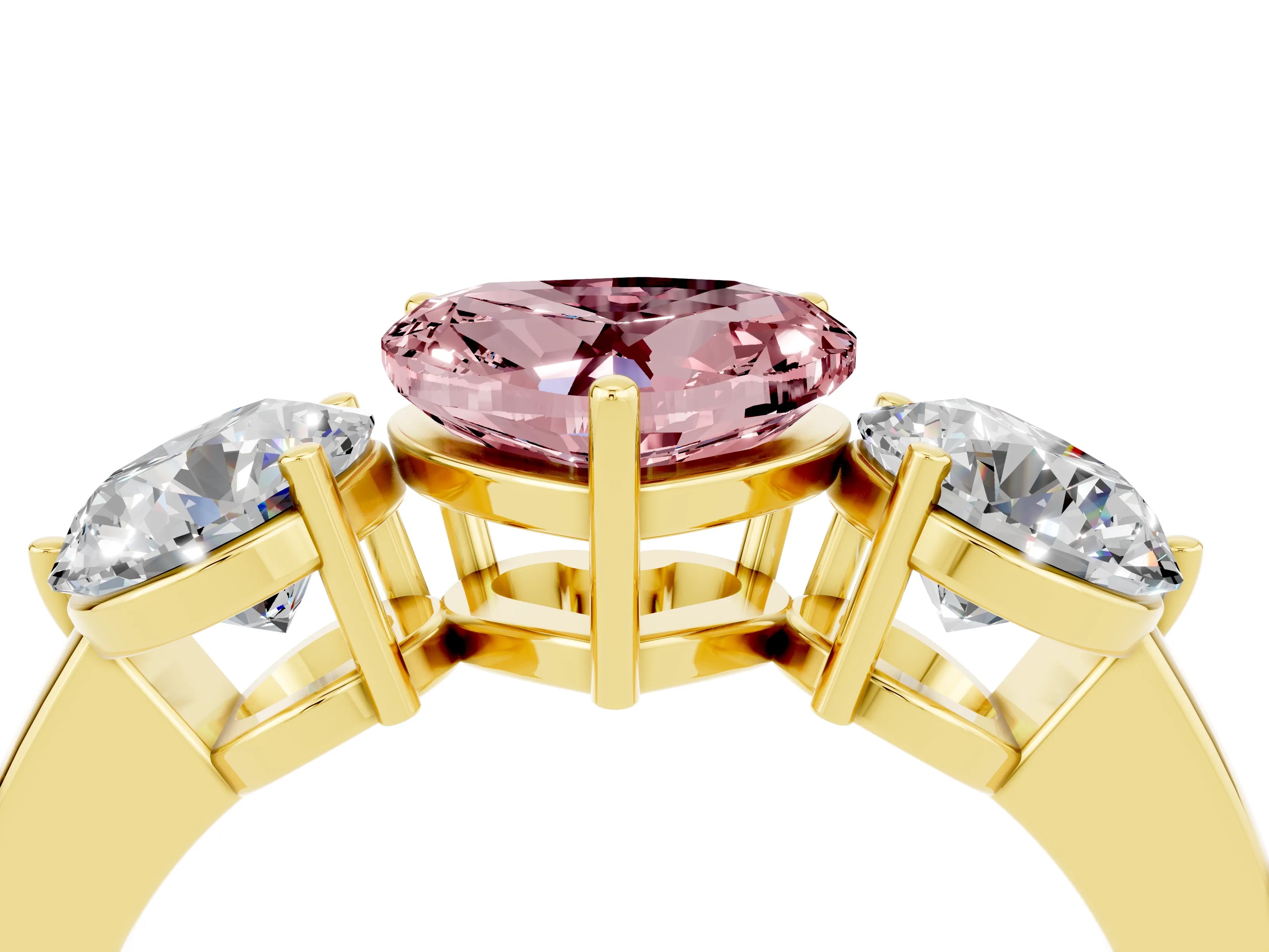 Yellow gold Heart Cut Morganite Three-Stone Ring with Prong Setting and Classic Band_4