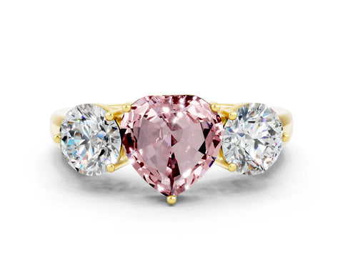 Yellow gold Heart Cut Morganite Three-Stone Ring with Prong Setting and Classic Band