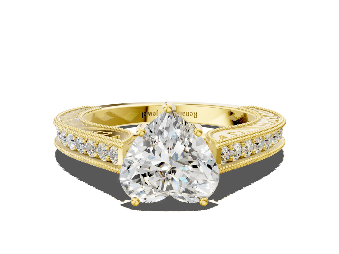 Yellow gold Heart Cut Pave Band Milgrain Solitaire Ring_6