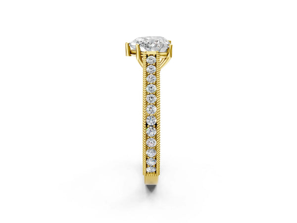 Yellow Gold Heart-Shaped Vintage Solitaire Engagement Ring Setting with Engraved Milgrain Pave Band