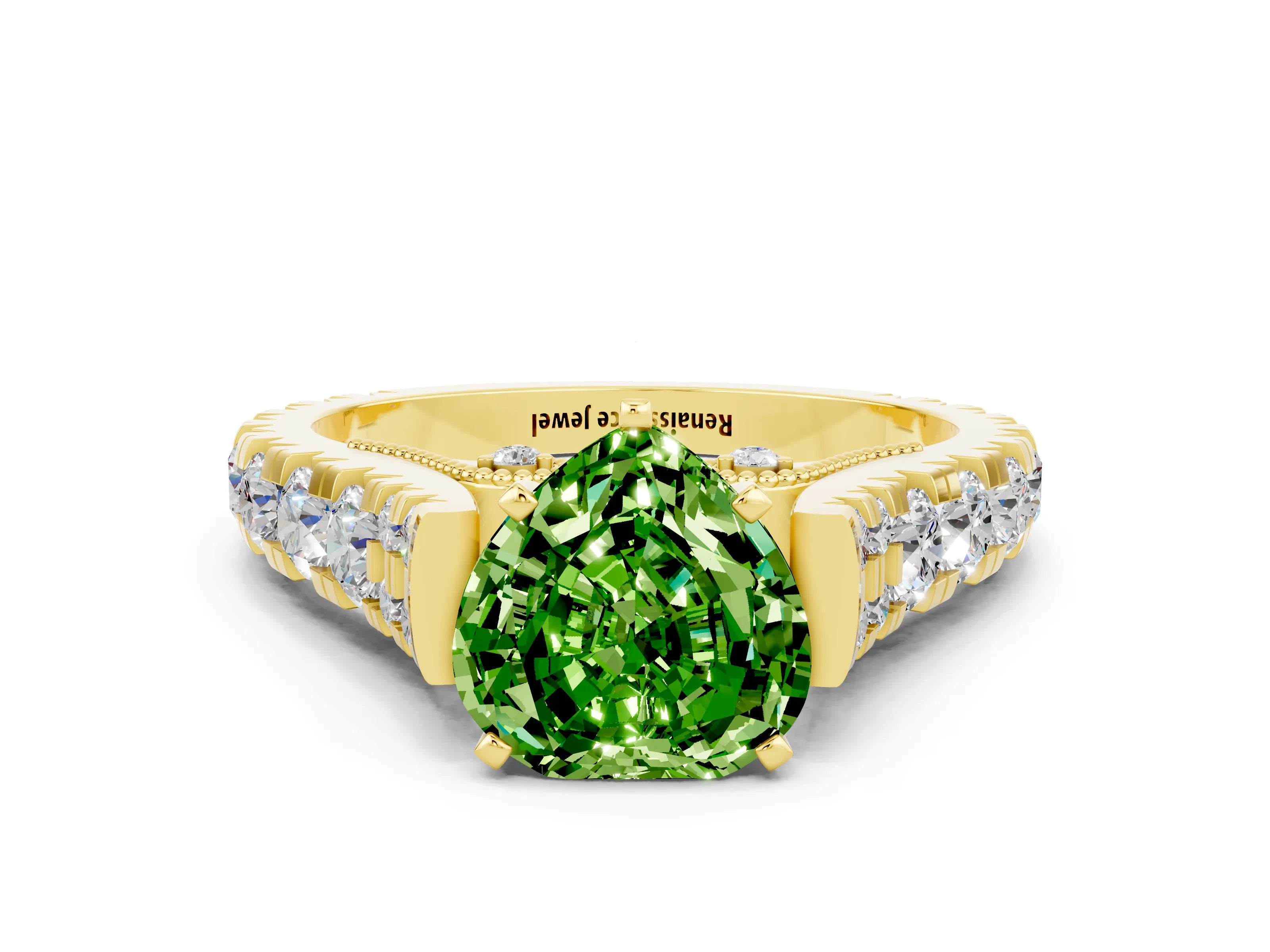 Yellow gold Heart Cut Peridot Classic Solitaire Ring with Pavé Band and Four-Prong Setting