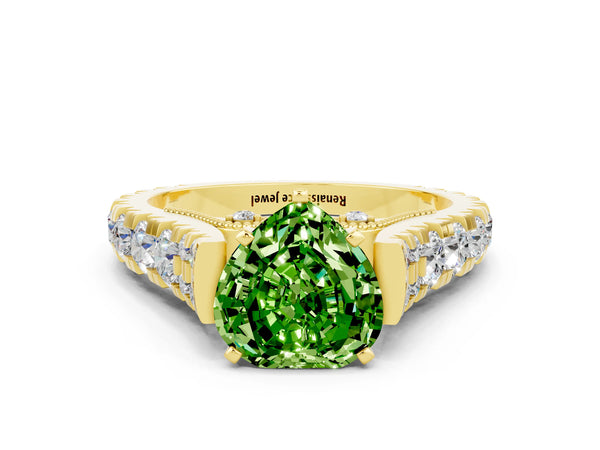 Yellow gold Heart Cut Peridot Classic Solitaire Ring with Pavé Band and Four-Prong Setting