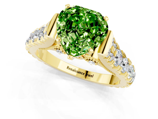 Yellow gold Heart Cut Peridot Classic Solitaire Ring with Pavé Band and Four-Prong Setting
