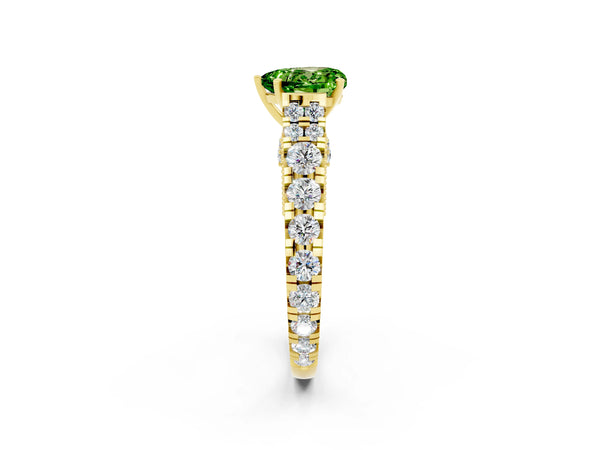 Yellow gold Heart Cut Peridot Classic Solitaire Ring with Pavé Band and Four-Prong Setting