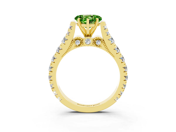 Yellow gold Heart Cut Peridot Classic Solitaire Ring with Pavé Band and Four-Prong Setting