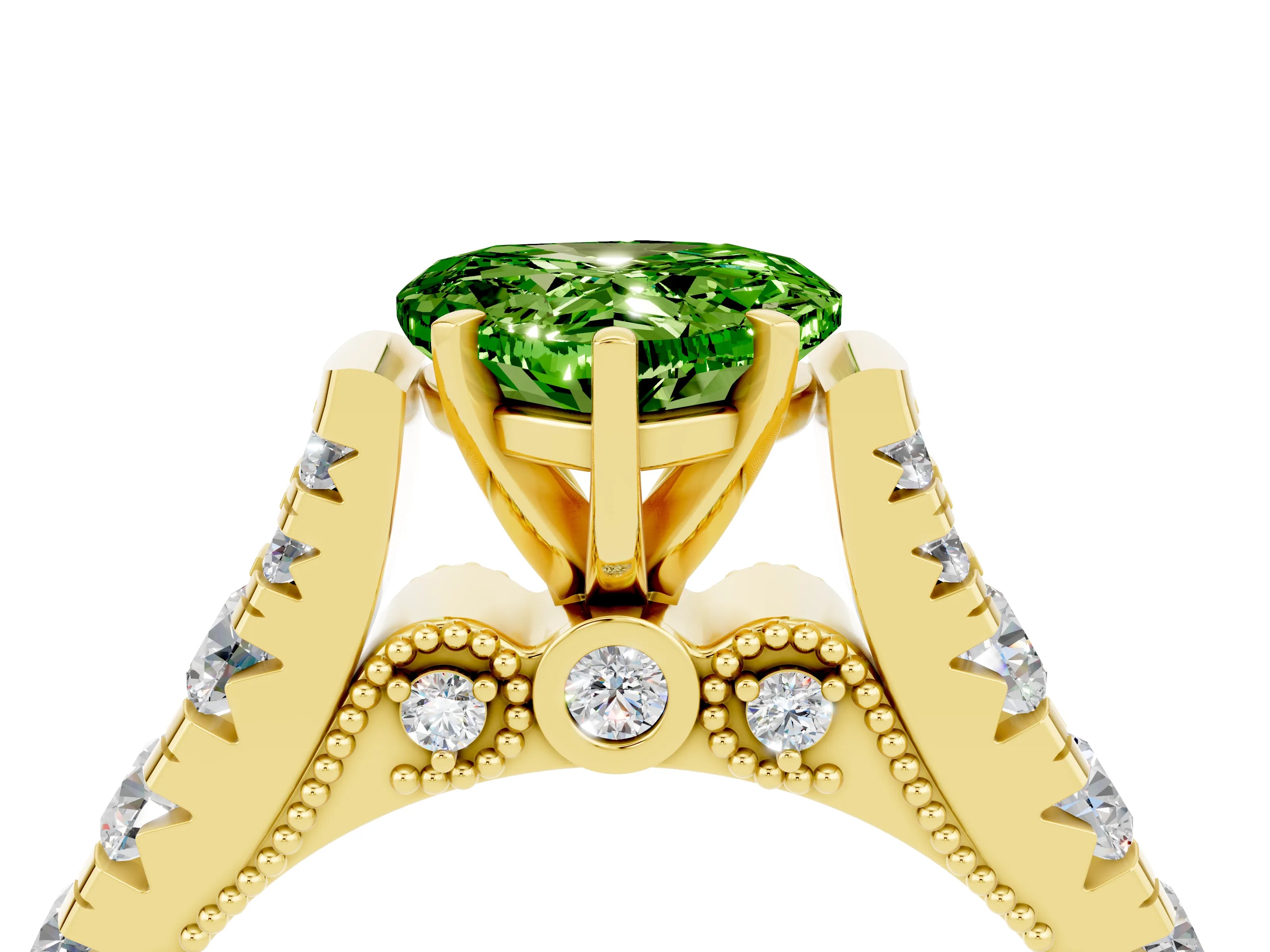 Yellow gold Heart Cut Peridot Classic Solitaire Ring with Pavé Band and Four-Prong Setting_4