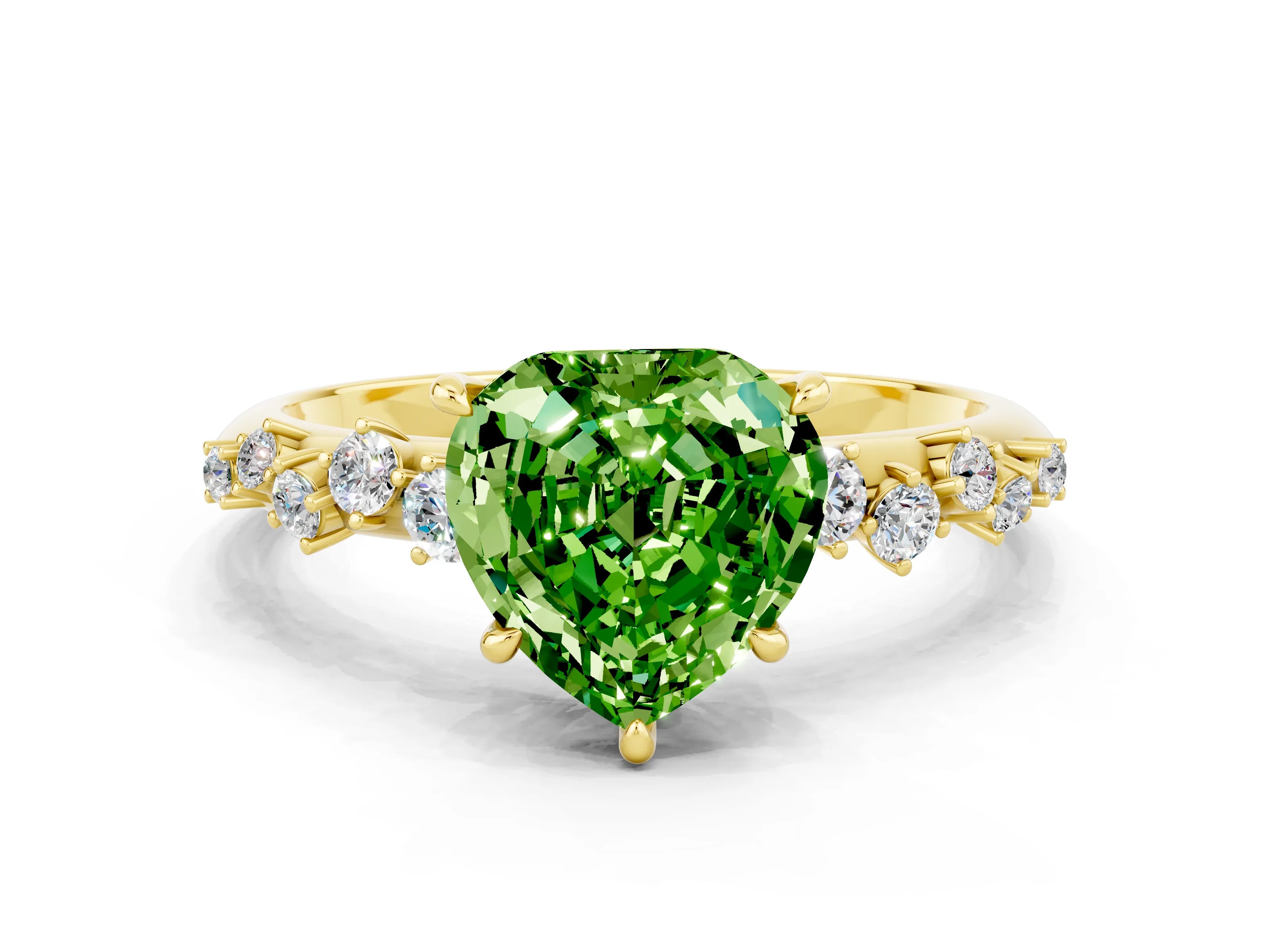 Yellow gold Heart Cut Peridot Cluster Side Stone Solitaire Ring with Prong Setting_24