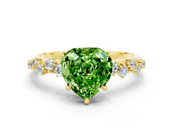 Yellow gold Heart Cut Peridot Cluster Side Stone Solitaire Ring with Prong Setting