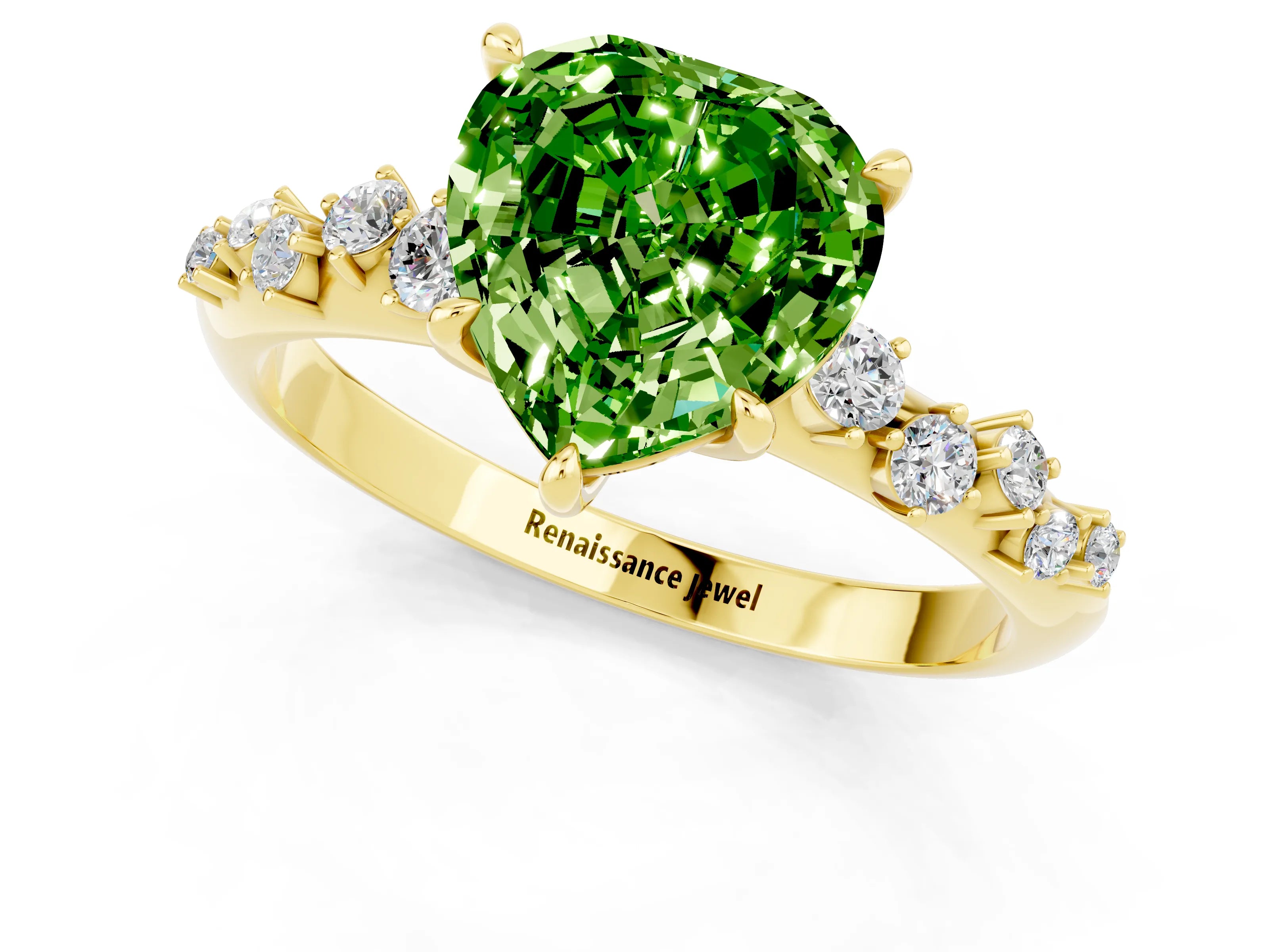 Yellow gold Heart Cut Peridot Cluster Side Stone Solitaire Ring with Prong Setting_25
