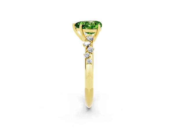 Yellow gold Heart Cut Peridot Cluster Side Stone Solitaire Ring with Prong Setting