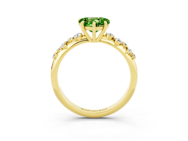 Yellow gold Heart Cut Peridot Cluster Side Stone Solitaire Ring with Prong Setting