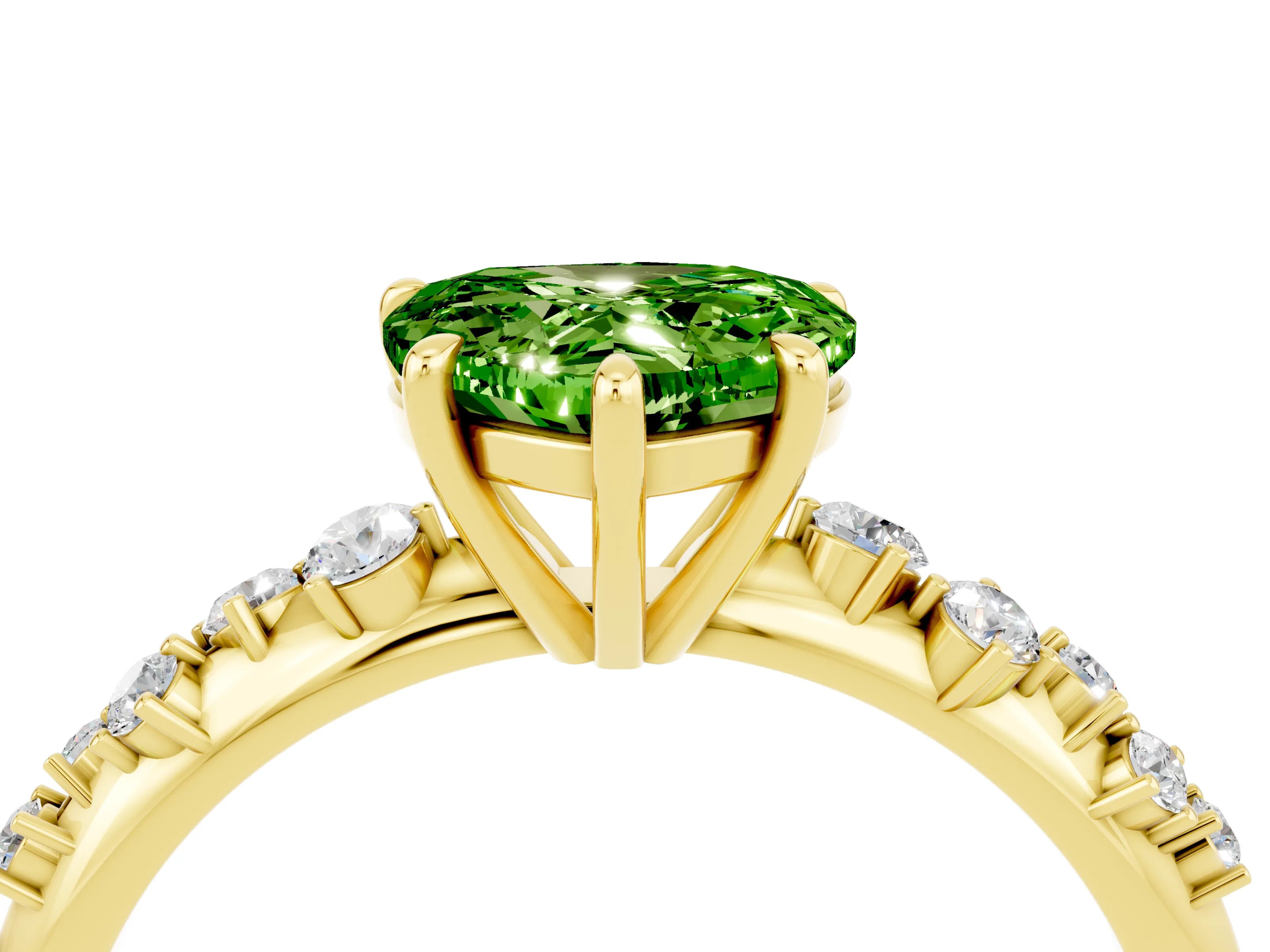 Yellow gold Heart Cut Peridot Cluster Side Stone Solitaire Ring with Prong Setting_28