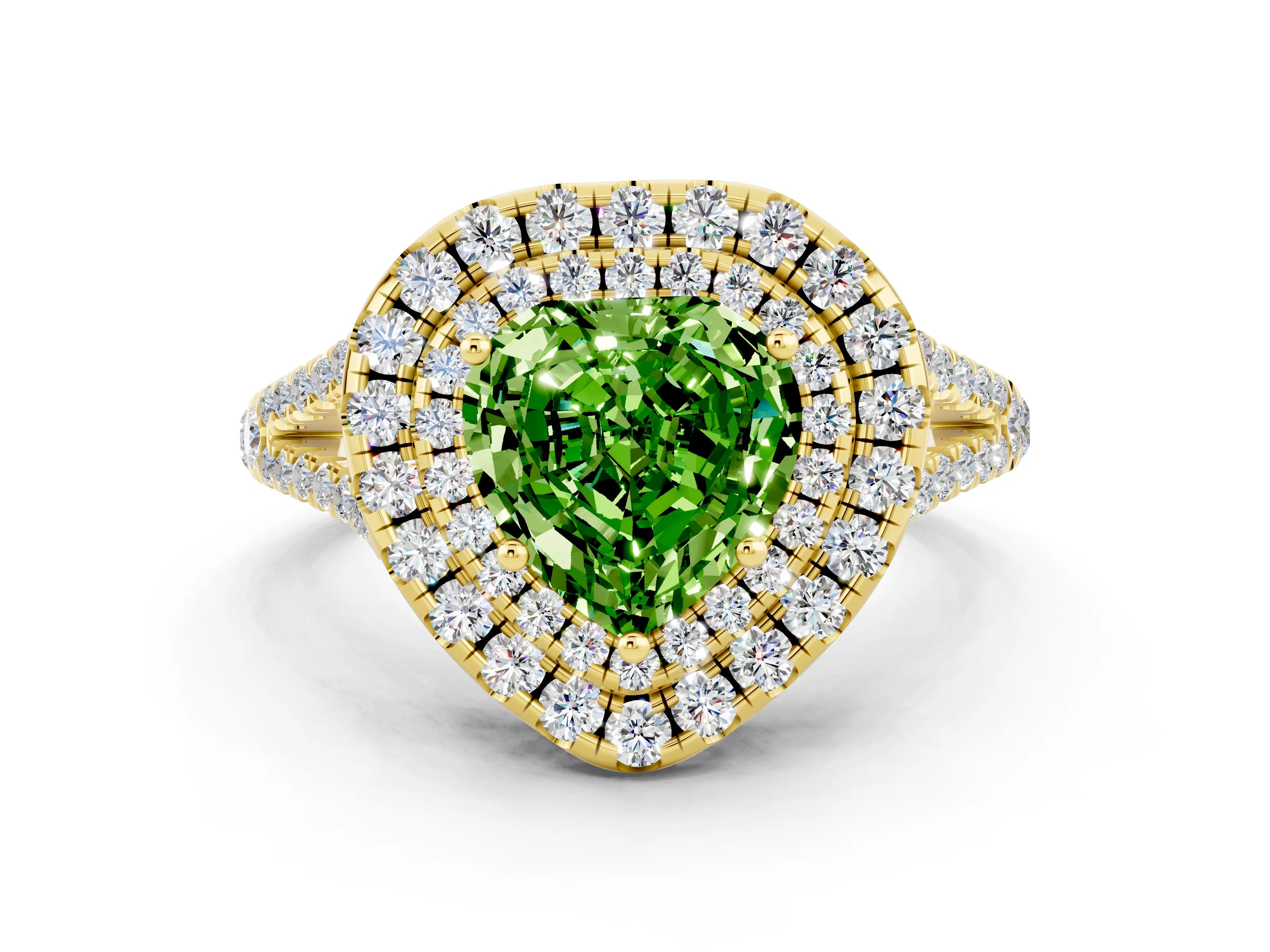 Yellow gold Heart Cut Peridot Double Halo Ring with Pavé Band and Prong Setting_12